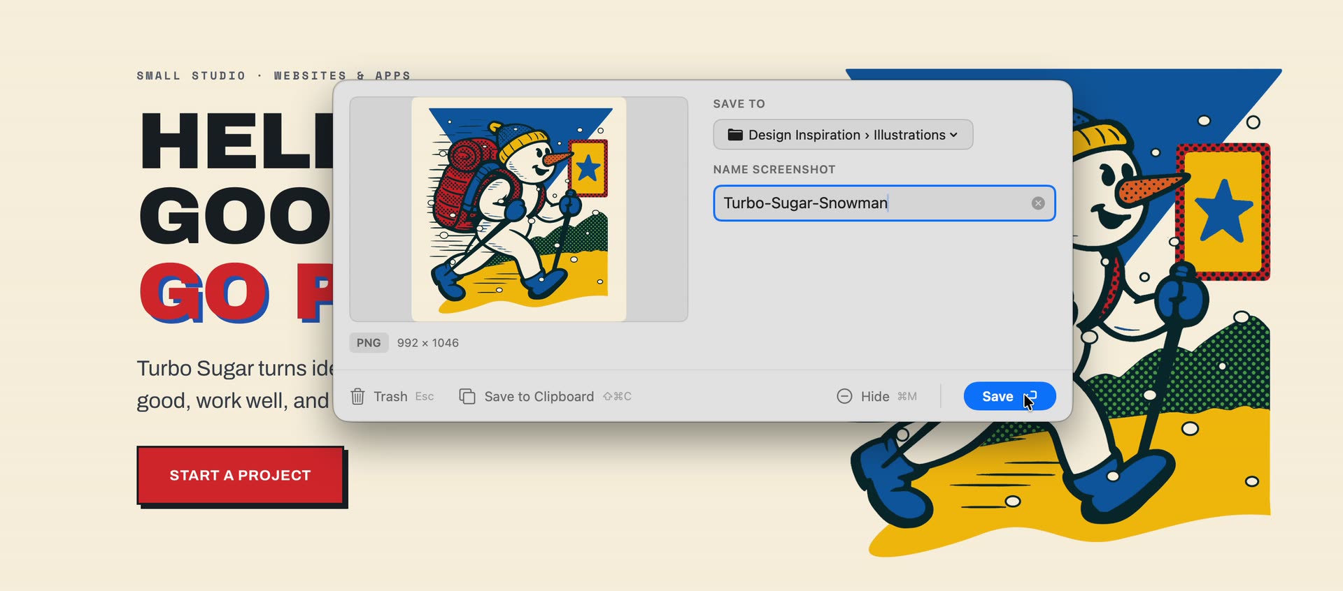 The ScreenNamer rename panel floating over a web page: a preview of the capture, a Save To row reading Design Inspiration then Illustrations, a name field reading Turbo-Sugar-Snowman, and a row of actions along the bottom: Trash, Save to Clipboard, Hide and Save.